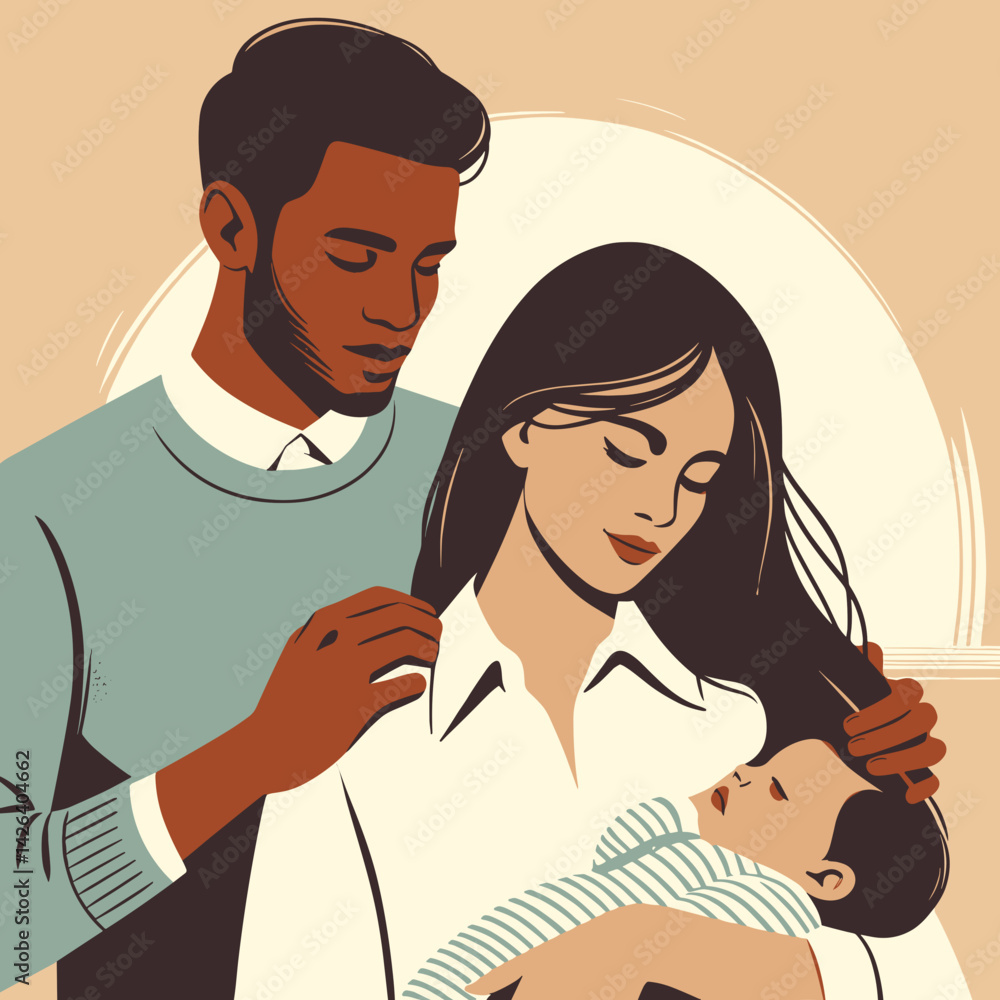 Loving parents cradling their newborn baby against a soft backdrop Loving parents cradling their newborn baby against a soft backdrop