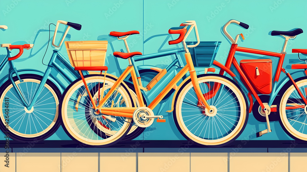 Fototapeta premium Colorful bicycles parked against a teal wall, city background, perfect for travel or lifestyle blogs