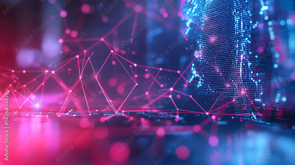 Digital network connections create vibrant, futuristic atmosphere with glowing nodes and lines. interplay of colors evokes Digital network connections create vibrant, futuristic atmosphere with glowing nodes and lines. interplay of colors evokes