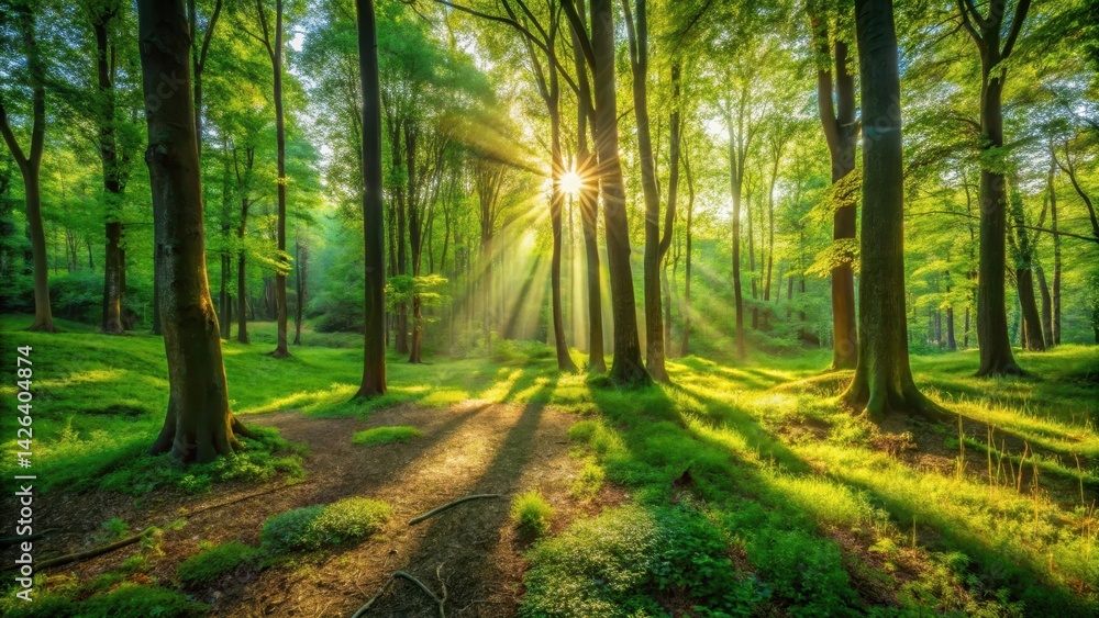 Naklejka premium Warm sunlight filters through a lush green forest canopy, casting dappled shadows on the forest floor , landscape