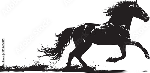 Silhouette of a black horse running fast on a white background showing motion and energy.