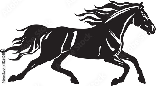 Black silhouette of a powerful horse running with flowing mane and tail on white background