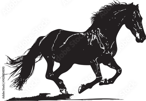Black silhouette of a horse running fast on a white background, showcasing motion and strength
