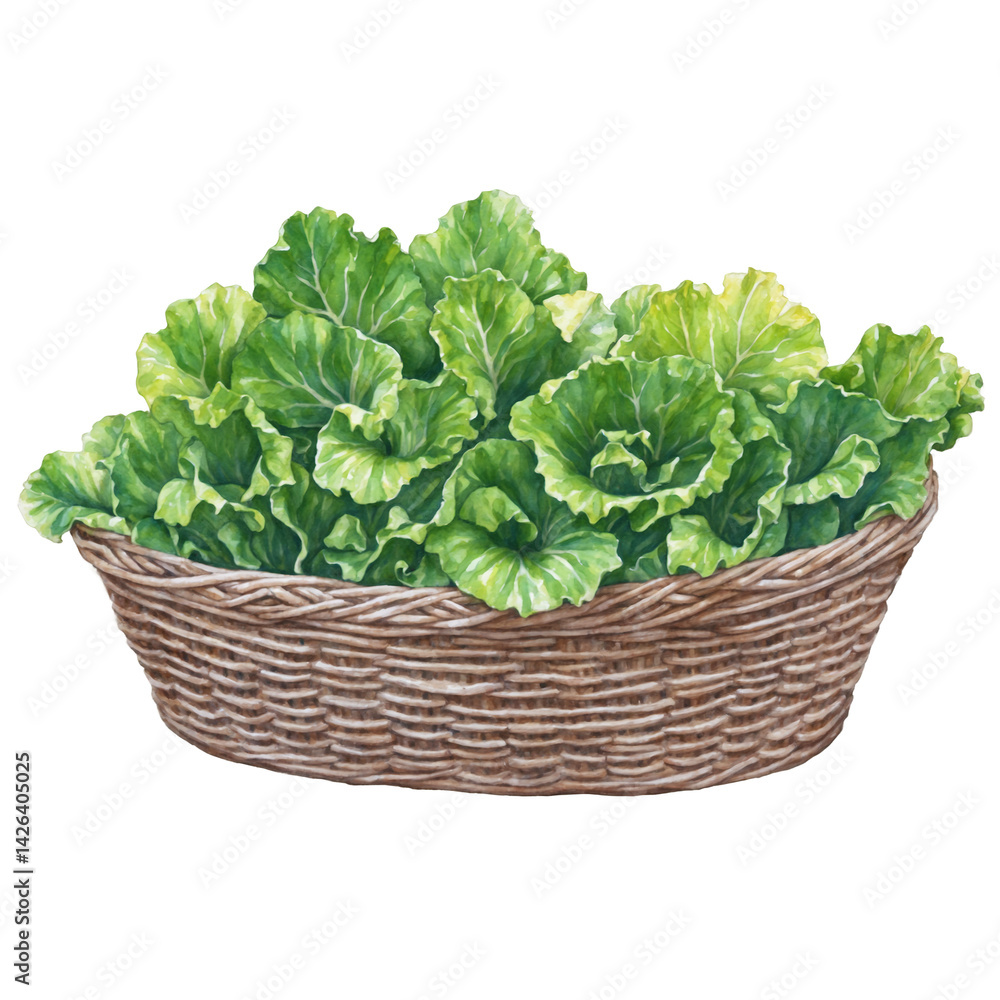 Green lettuce on basket watercolor art illustration transparent background isolated png stock Green lettuce on basket watercolor art illustration transparent background isolated png stock