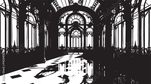 Black and white silhouette of an elegant architectural hall with large windows and columns.