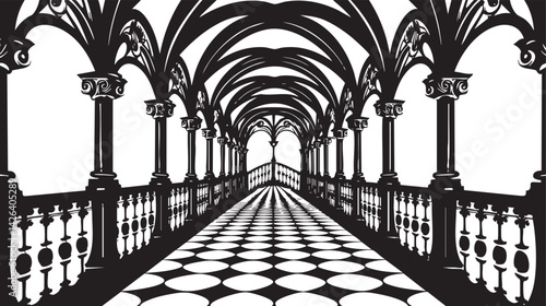 Stylized black and white illustration of a long corridor with arches and columns featuring a patterned floor and symmetrical design