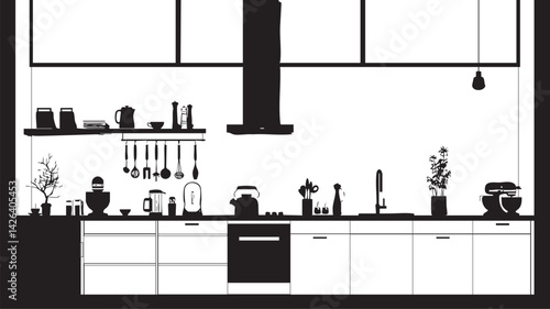 Silhouette of modern kitchen interior with appliances utensils and plants on countertop