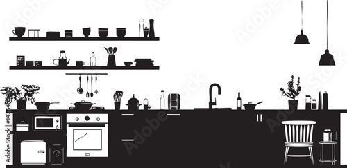 Black and white silhouette of a modern kitchen interior with various appliances and furniture