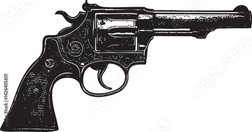 Black and white vintage illustration of a classic revolver handgun with detailed metal design
