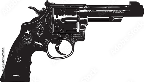 Black silhouette illustration of a classic revolver handgun firearm isolated on white background