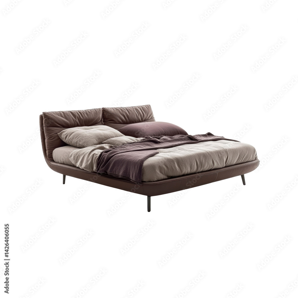 Obraz premium Modern Leather Upholstered Bed with Curved Design and Metal Legs