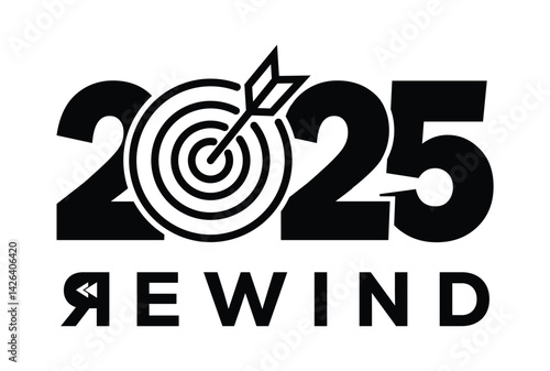 2025 Rewind logo: Bold black sans-serif numerals with target. Clean minimalist design on white background. Modern graphic style for branding.