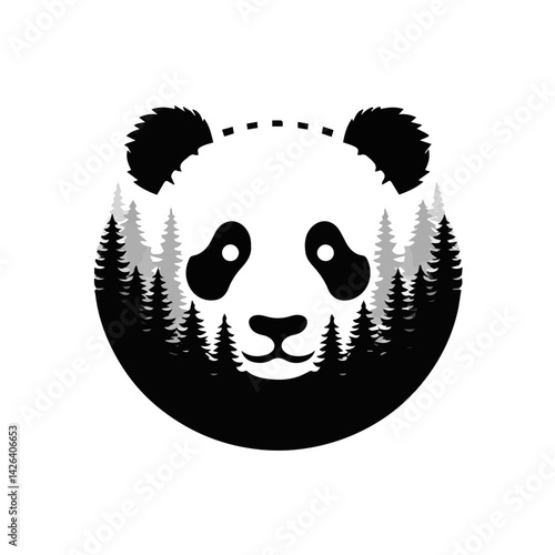 Panda Face Formed by Coniferous Forest in Monochrome Graphic Design