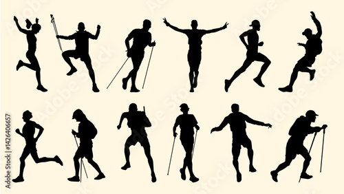 Silhouettes of active hikers and trail runners in various dynamic poses, showcasing outdoor adventure and physical fitness.