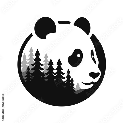 Panda Profile Filled with Coniferous Forest in Circular Minimalist Design