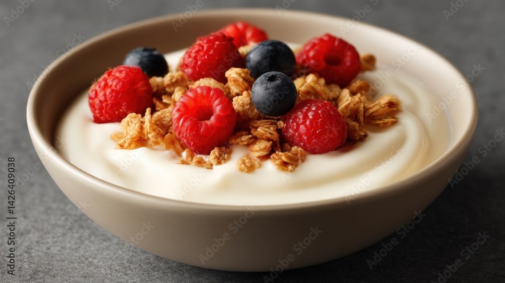 Close-up of a bowl of yogurt with granola and fresh berries on top. the bowl is light brown in color and is placed on a dark grey surface. Close-up of a bowl of yogurt with granola and fresh berries on top. the bowl is light brown in color and is placed on a dark grey surface.