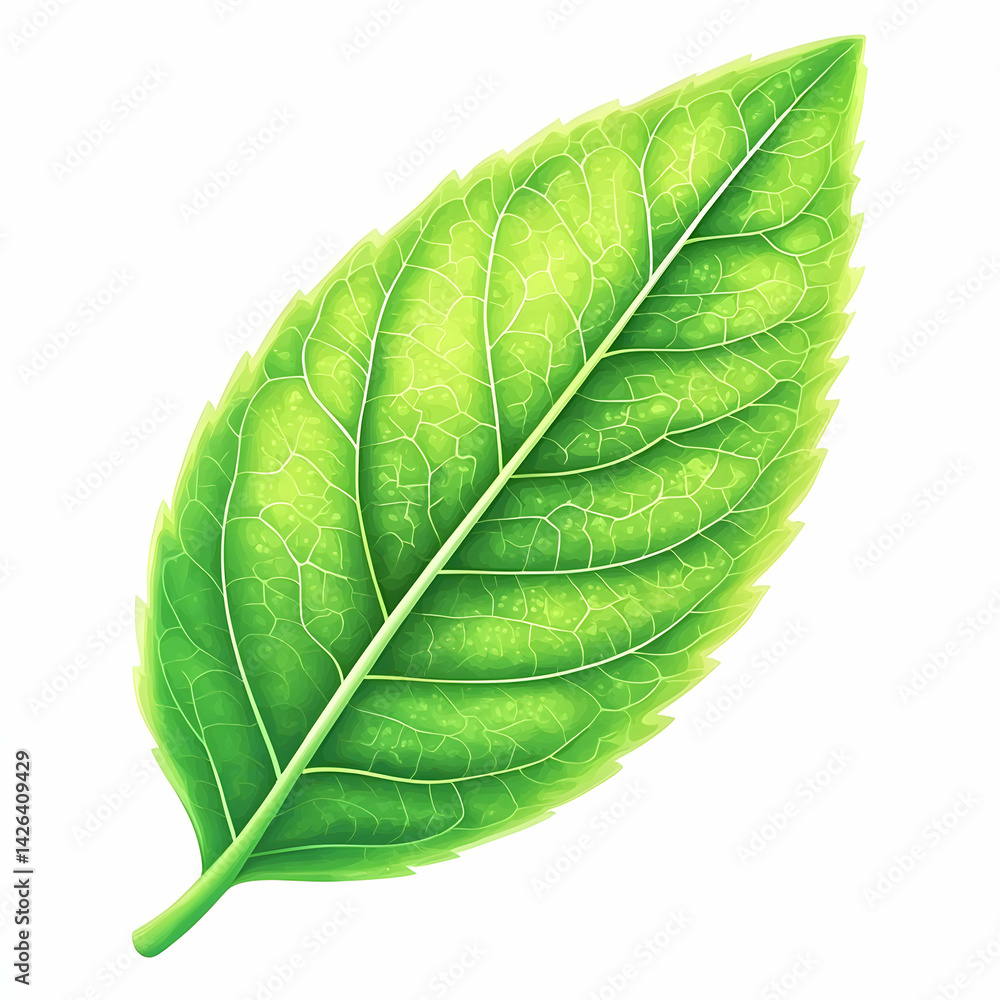 Obraz premium Single green leaf, detailed veins, white background, nature illustration, website design