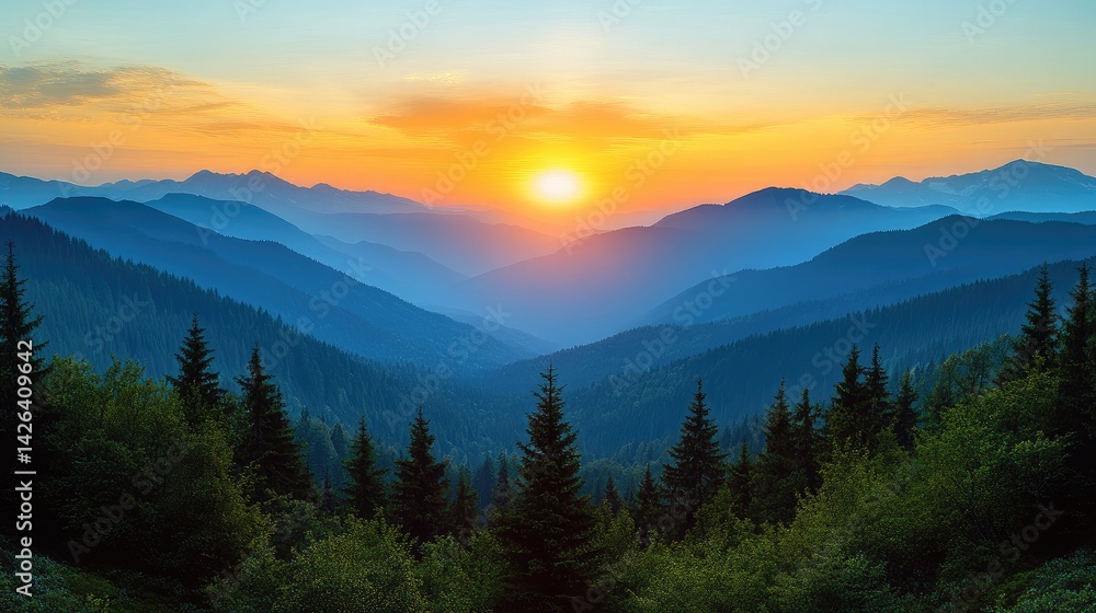 Naklejka premium Golden Sunset Over Austrian Alps, Panoramic Mountain Beauty