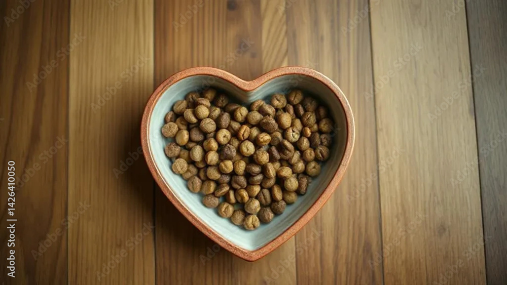 Heart shaped bowl with cat food. Close up.