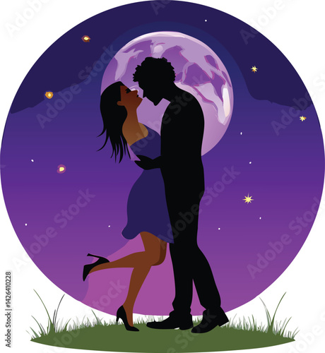 Silhouette of Couple Kissing Underneath a Purple Moon