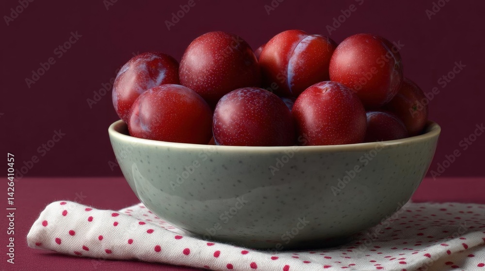 Bowl of plums on a red tablecloth with white polka dots. the bowl is white with a speckled pattern and is placed on a maroon tablecloth. Bowl of plums on a red tablecloth with white polka dots. the bowl is white with a speckled pattern and is placed on a maroon tablecloth.