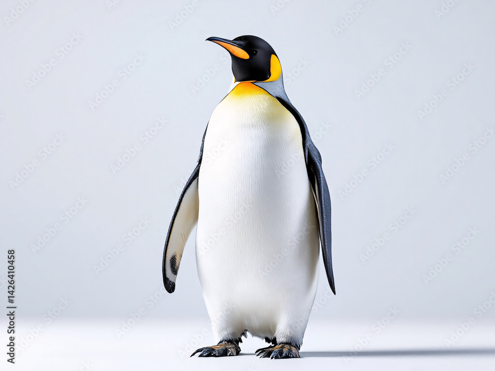 Fototapeta premium Emperor penguin standing on ice, showcasing its black and white feathers and majestic stance.