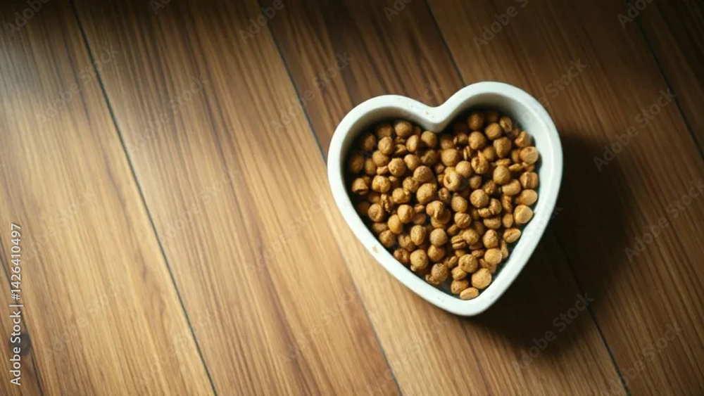 Heart shaped bowl with cat food. Close up.