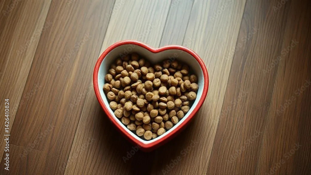 Heart shaped bowl with cat food. Close up.