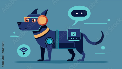 A futuristic gadget that deciphers your dogs woofs and growls converting them into human voice commands like Can we go for a walk or I need to go. Vector illustration