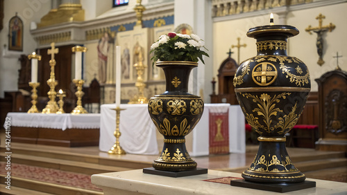 Ornate Black and Gold Vases on a Church Altar