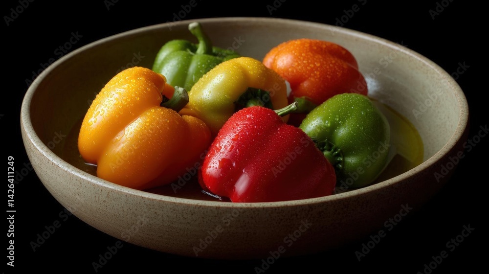 Close-up of a bowl filled with colorful bell peppers. the bowl is made of a light-colored material and has a speckled texture. Close-up of a bowl filled with colorful bell peppers. the bowl is made of a light-colored material and has a speckled texture.