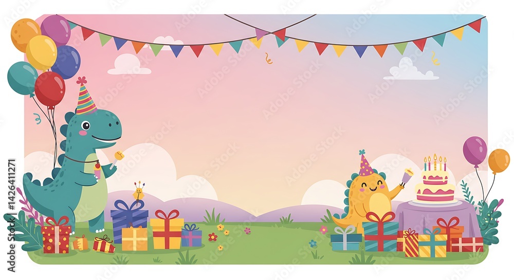 Dinosaur Birthday Party Background with Cake and Gifts for Kids Dinosaur Birthday Party Background with Cake and Gifts for Kids