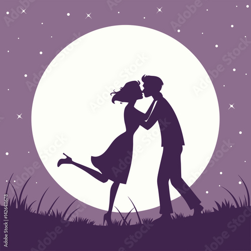 Silhouette of Couple Kissing Under the Moonlight