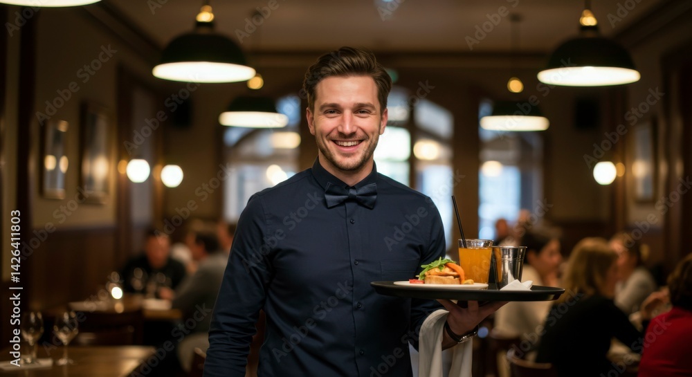 Smiling waiter serving food and drinks in a restaurant setting for marketing uses Smiling waiter serving food and drinks in a restaurant setting for marketing uses