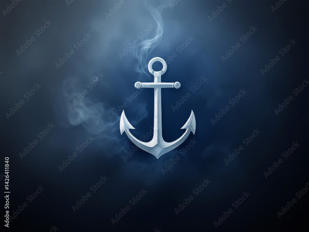 A silver anchor symbolizing maritime adventure in a misty blue ocean. A silver anchor symbolizing maritime adventure in a misty blue ocean.