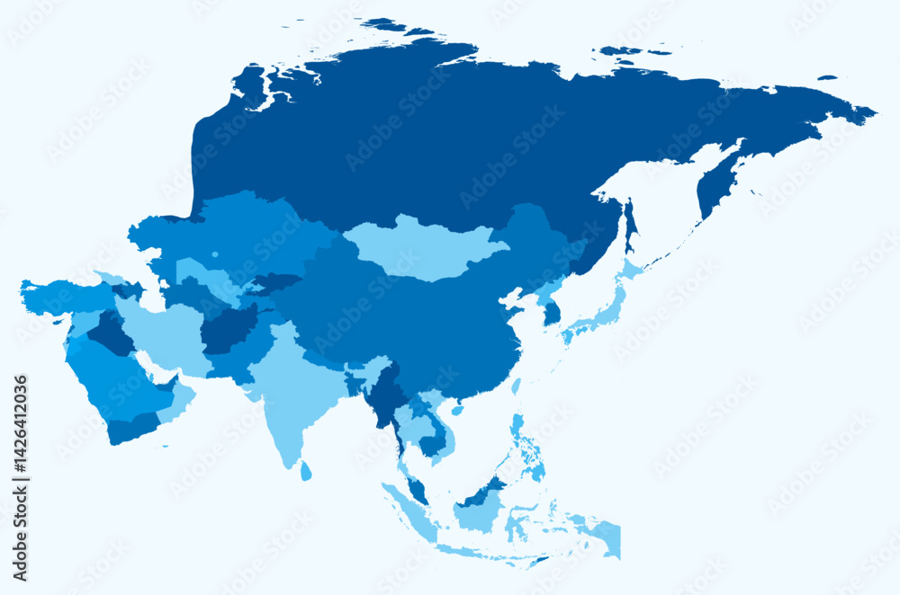 Obraz premium Map of Asia with countries. Just a simple continent border map with country division. Light blue color palette. Blank Asia shape with administrative division. Vector illustration.