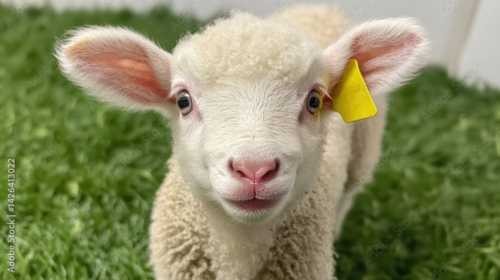 Obraz premium Lamb in pasture, farm, spring, green grass, animal, agriculture
