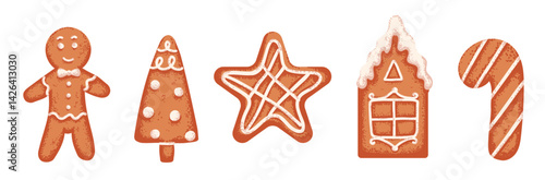 Set of Christmas gingerbread cookie in shape of man and star with grainy texture in flat style
