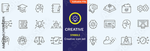 Creativity icon set. Containing inspiration, imagination, design, idea, creative, improvisation, sketching, brainstorming and more. Solid vector icons collection.