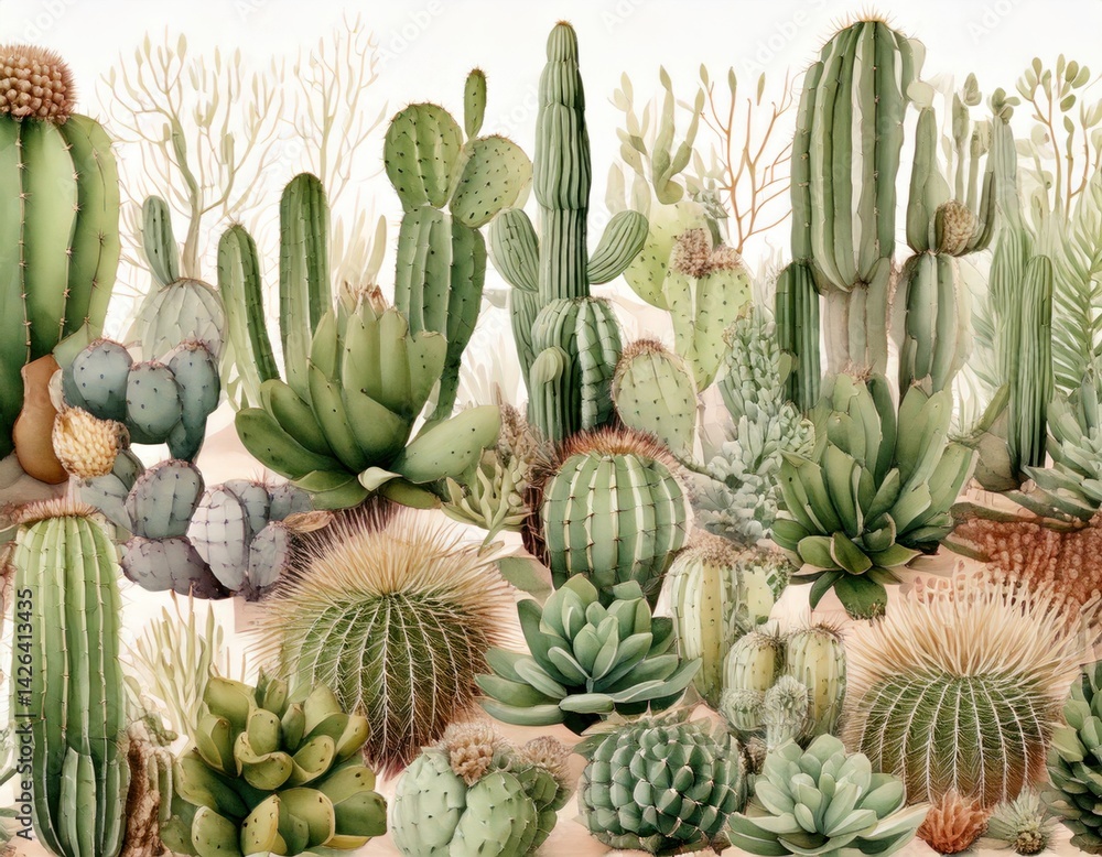 Fototapeta premium Seamless Watercolor Pattern with Cacti, Succulents, and Desert Elements in Earthy Tones on White Background..