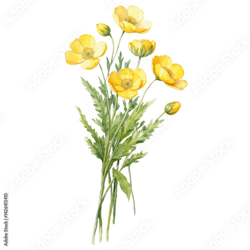 Sunlit yellow buttercup on bouquet watercolor art illustration transparent background isolated png stock