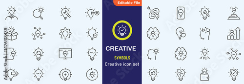 Creativity icon set. Containing inspiration, imagination, design, idea, creative, improvisation, sketching, brainstorming and more. Solid vector icons collection.
