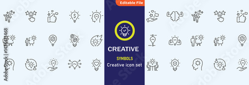 Creativity icon set. Containing inspiration, imagination, design, idea, creative, improvisation, sketching, brainstorming and more. Solid vector icons collection.
