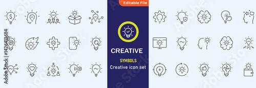 Creativity icon set. Containing inspiration, imagination, design, idea, creative, improvisation, sketching, brainstorming and more. Solid vector icons collection.