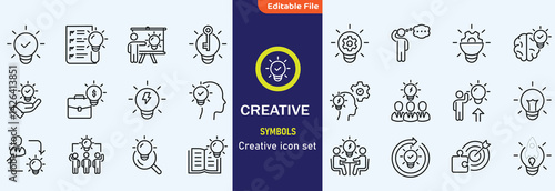 Creativity icon set. Containing inspiration, imagination, design, idea, creative, improvisation, sketching, brainstorming and more. Solid vector icons collection.