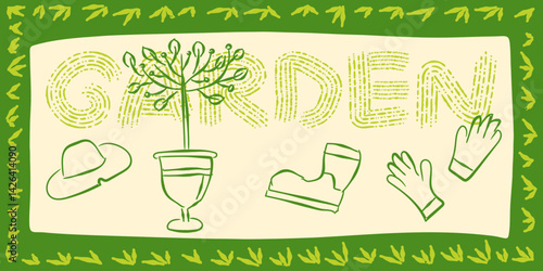 garden agriculture illustration sketch minimalist country eco natural growing plant icon line set