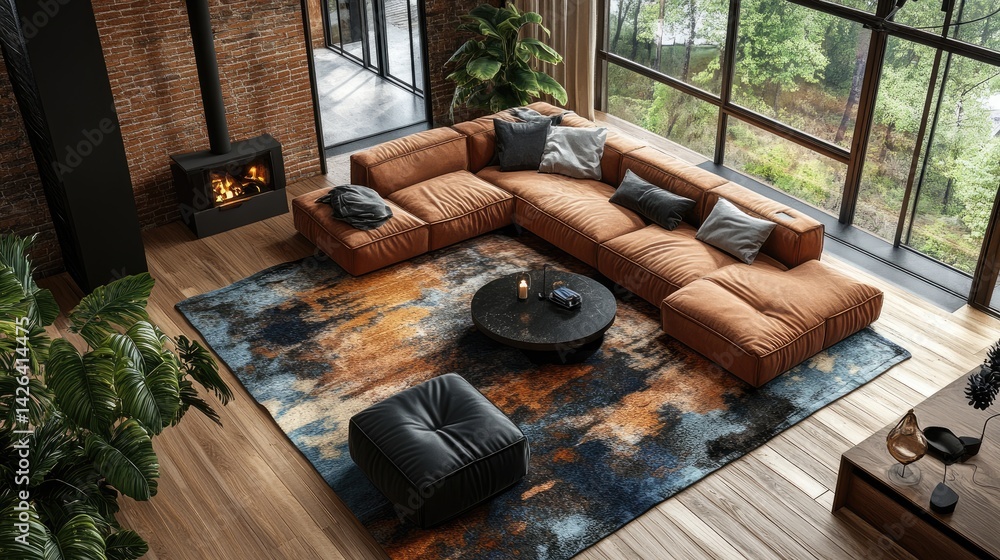 Corner living room with natural light, cozy furniture, and a statement rug