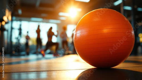 Orange gym ball at the gym. Close up. 