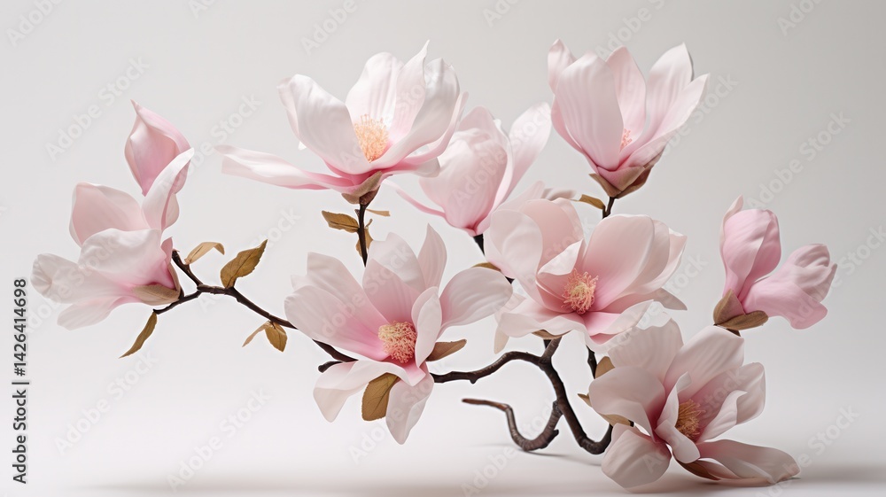 Obraz premium Pink magnolia flowers and buds blooming on a branch against a white background, celebrating the beauty of nature and the arrival of spring
