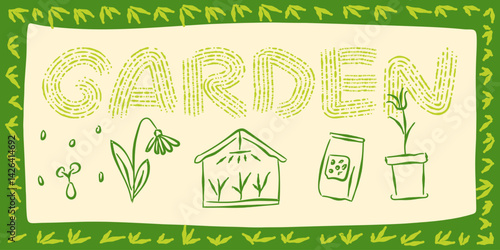 garden agriculture illustration sketch minimalist country eco natural growing plant icon line set